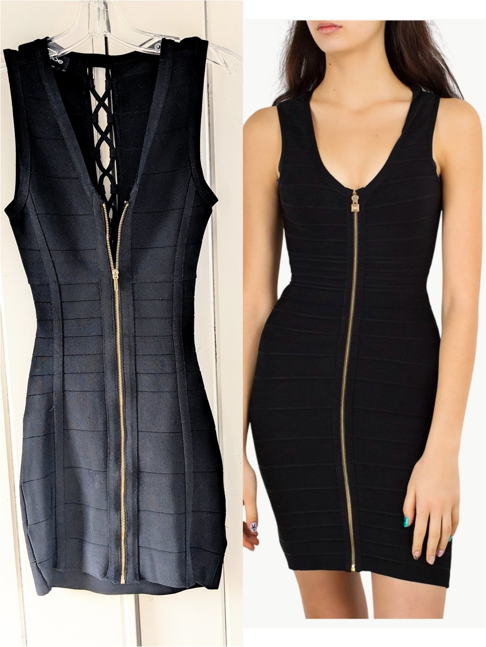bebe Black Bandage Mini Dress with Gold Front Zip